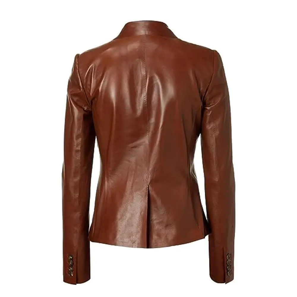 Women's Brown Lambskin Leather Blazer Jacket - Image 2