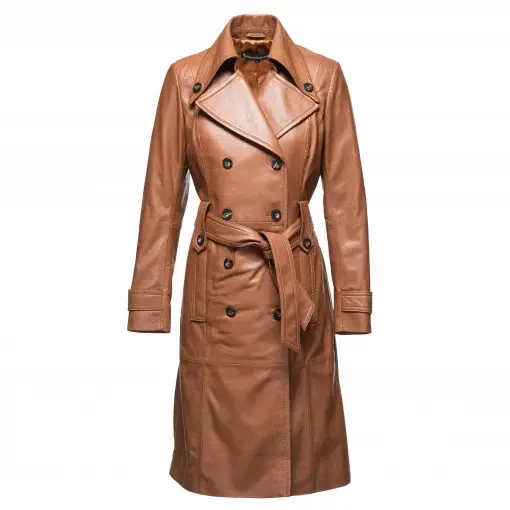 Women Brown Leather Trench Coat product image from front.