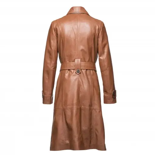 Women Brown Leather Trench Coat product image from back.