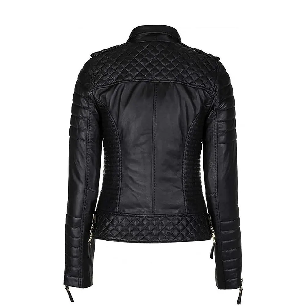 Women Lambskin Motorcycle Leather Bomber Jacket product image from back
