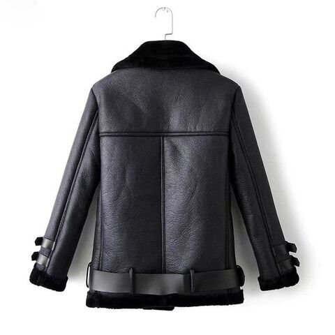 Women's Black Fur Aviator Leather Jacket - Image 2