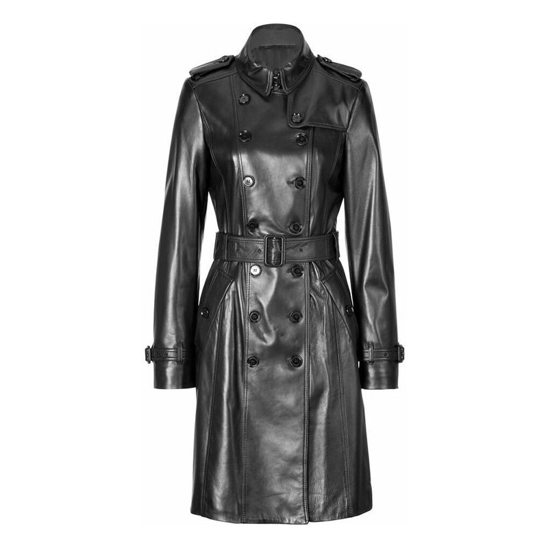 Women's Black Lambskin Leather Trench Coat
